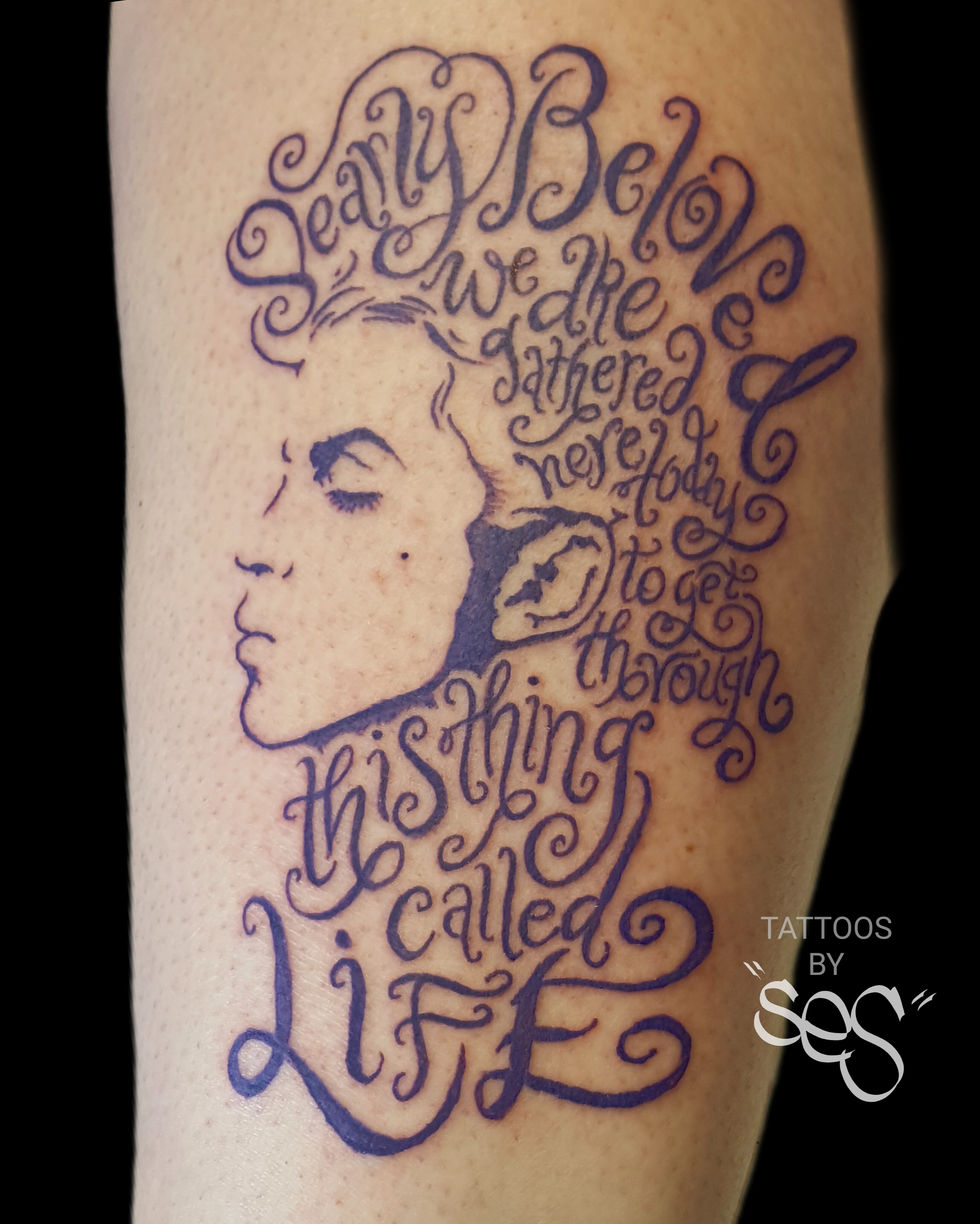 Custom Prince song lettering tattoo by Ses at Blackwork Tattoo Studio in Little Falls, NJ