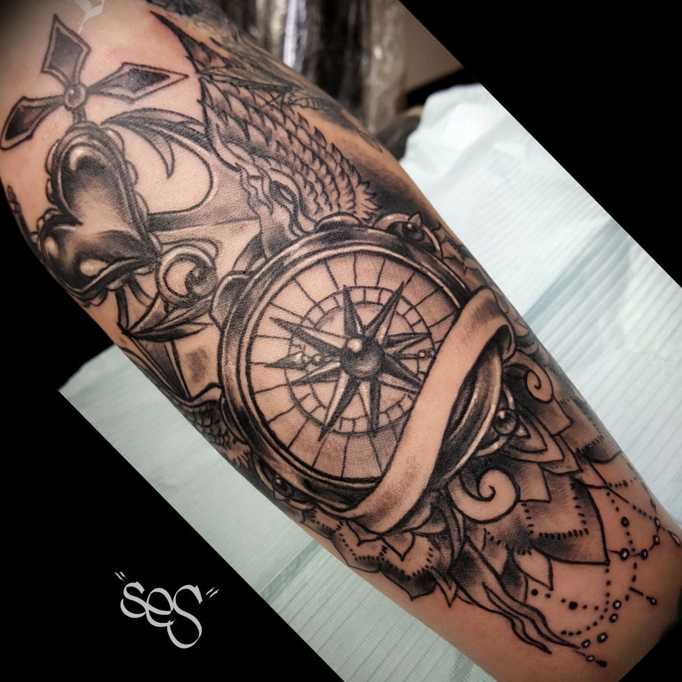 black and grey roses with clock and banner half sleeve tattoo by Ses at Blackwork Tattoo Studio Little Falls,NJ