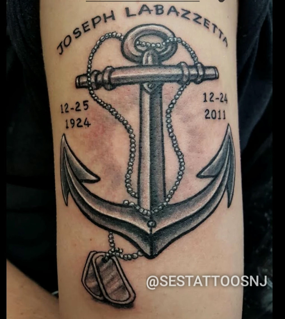 black and grey anchor memorial tattoo by Ses at Blackwork Tattoo Studio Little Falls,NJ