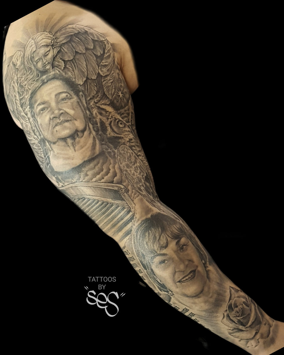a black and grey portrait tattoo on a person 's arm that says tattoos by Ses