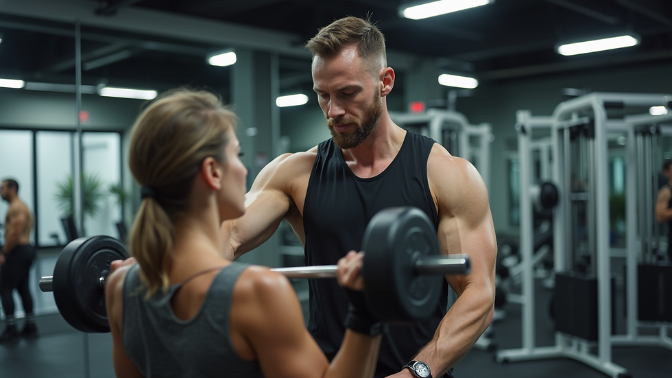 Eye-level view of a personal trainer guiding a client during a workout