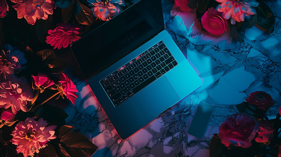 Kannettava tietokone marmoripöydällä, ympärillä värikkäitä kukkia ja sininen valaistus. Kannen teksti hieman heijastuneena.