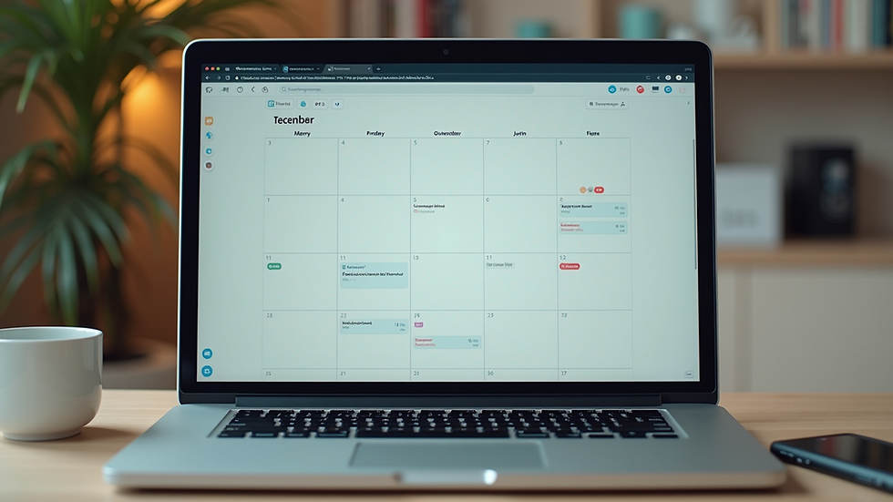 Eye-level view of a laptop screen showing a social media content calendar