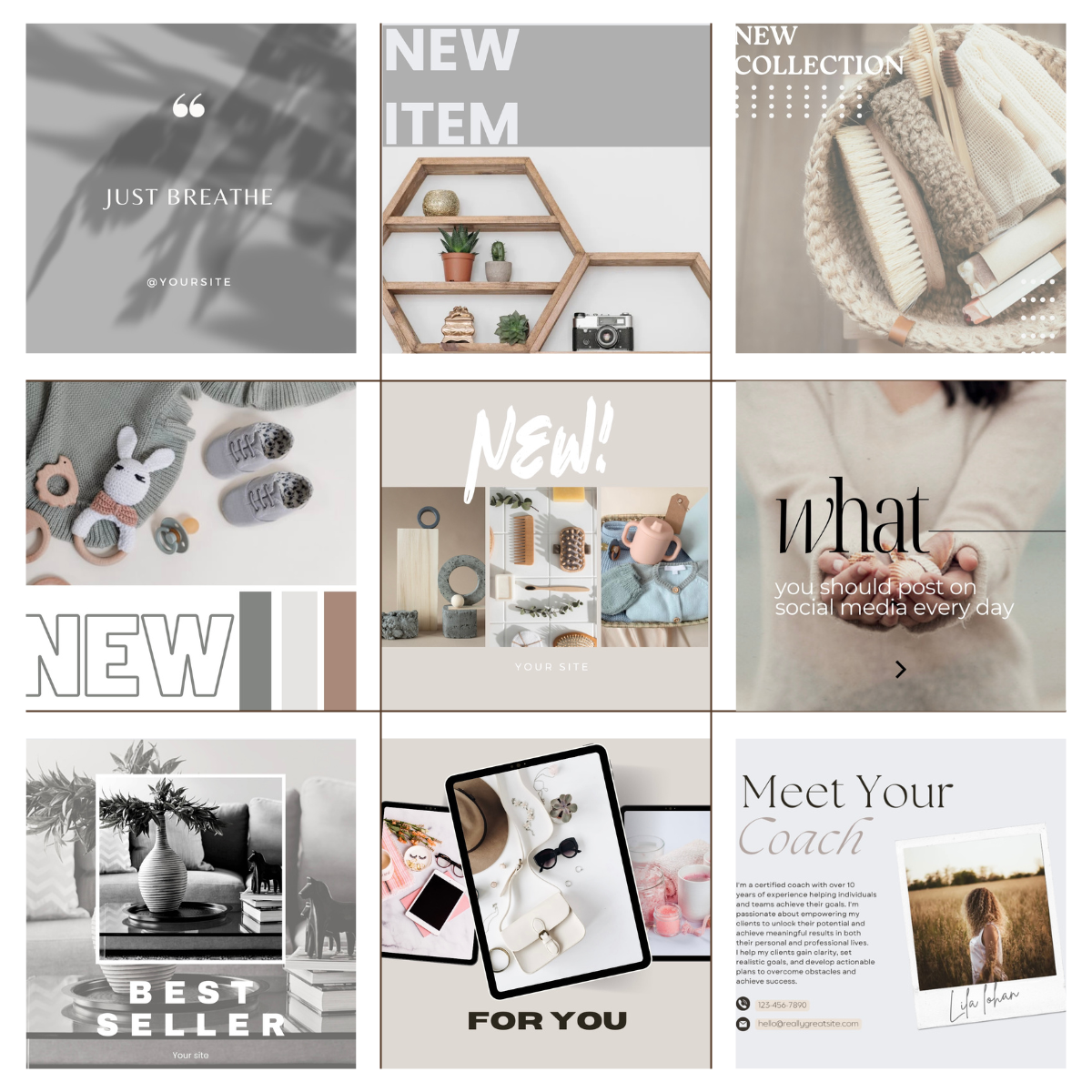 28 kpl Harmaan sävyiset Canva -pohjat Instagramiin