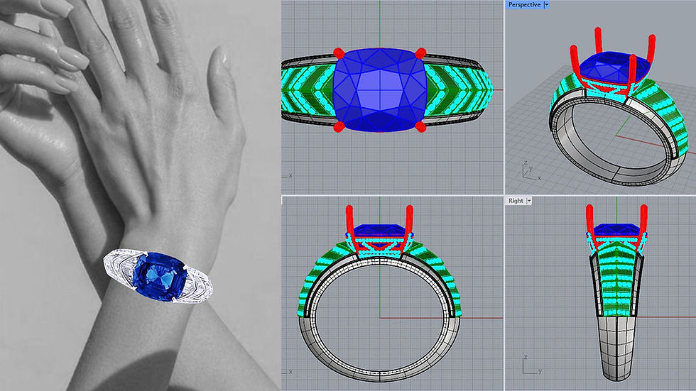 Conception CAO d'une bague avec saphir bleu pour LA MAISON.