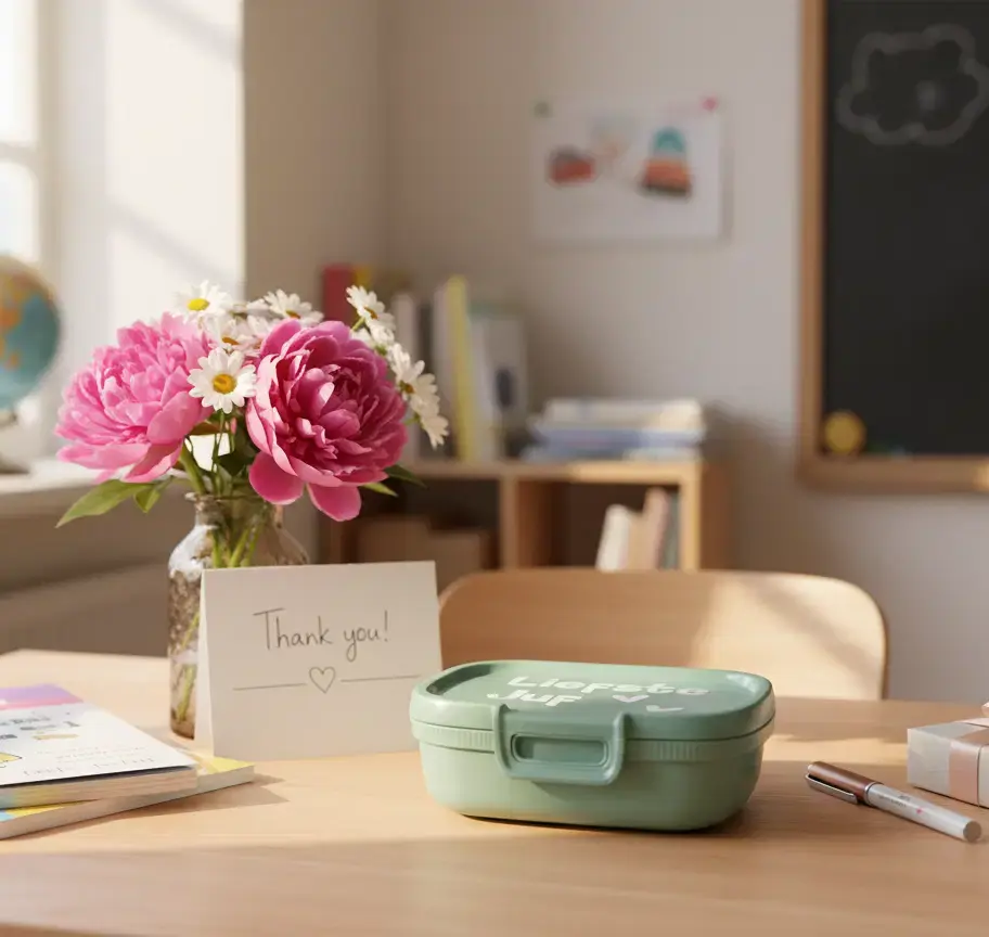 Boeket, bedankkaart en lunchbox op bureau