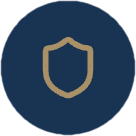 Gold shield icon on a dark blue circle for Boksend Opvoeden