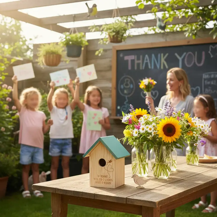 Vrouw en kinderen in tuin met 'THANK YOU' bord en bloemen.