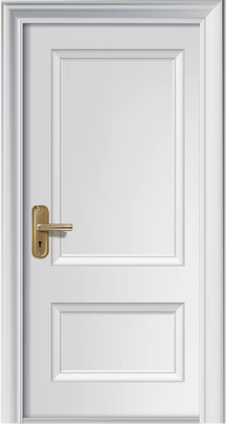 White door with a golden handle, Home, in a white door frame.
