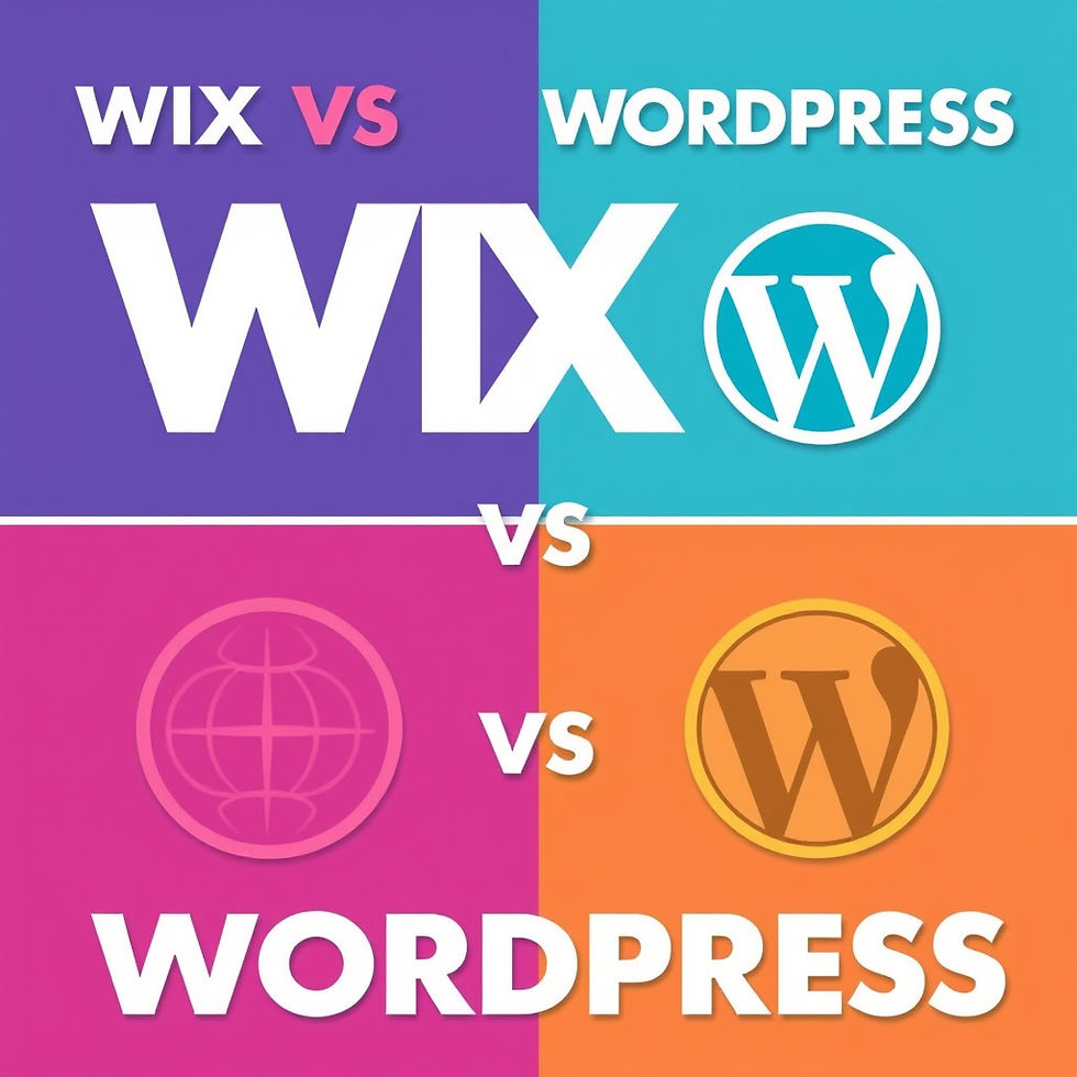 Wix vs WordPress comparison graphic with bold text. Purple, blue, pink, and orange quadrants, featuring logos and large "VS" highlights.