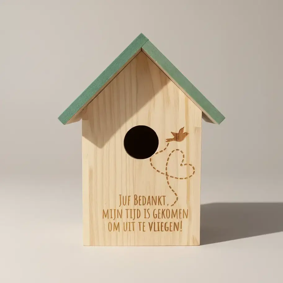 Houten vogelhuisje met groene dak en tekst 'Jij verdient...'