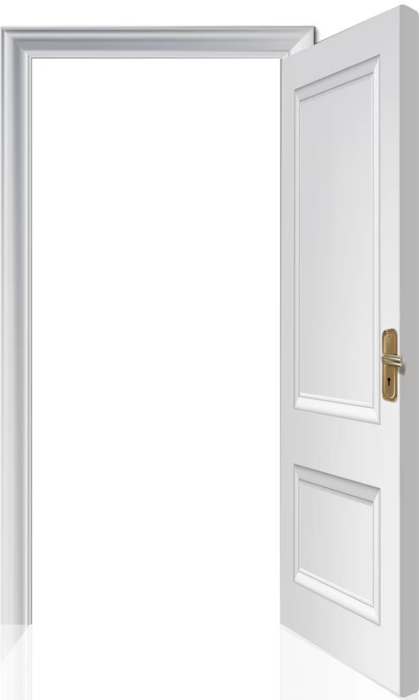 Open white door with gold handle and open frame, inviting view.