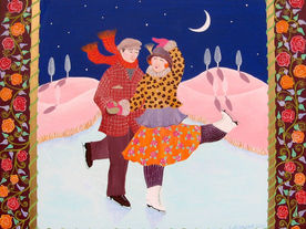 Eislaufendes Paar bei Nacht, NAIVE MALEREI, romantische Winterlandschaft, Christa