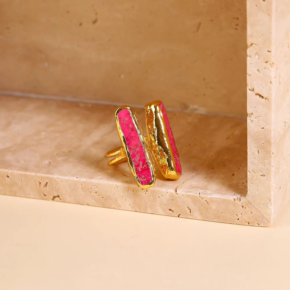 Gold ring with two vertical hot pink druzy stones