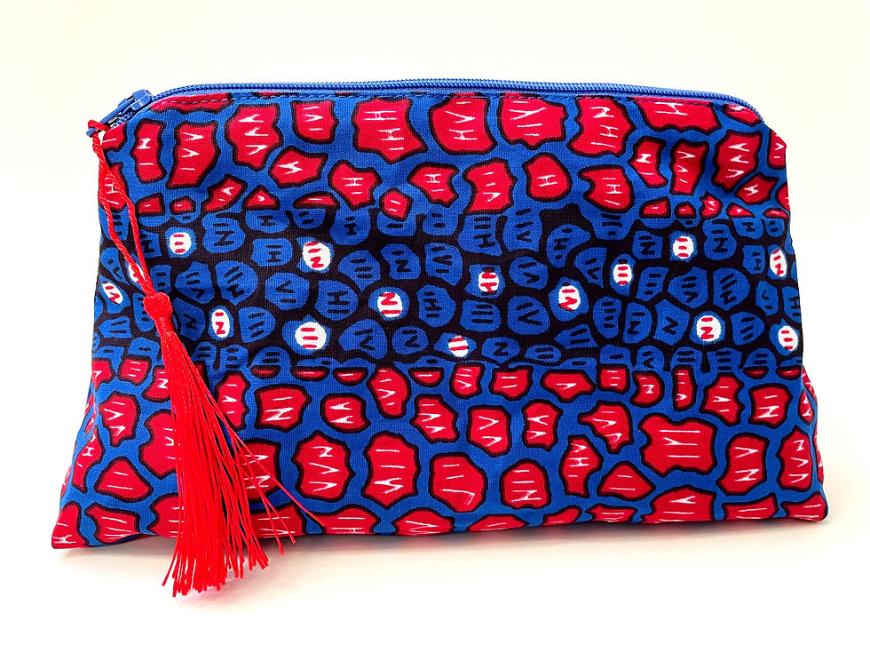 Handmade African wax print cosmetics bag in red and blue
