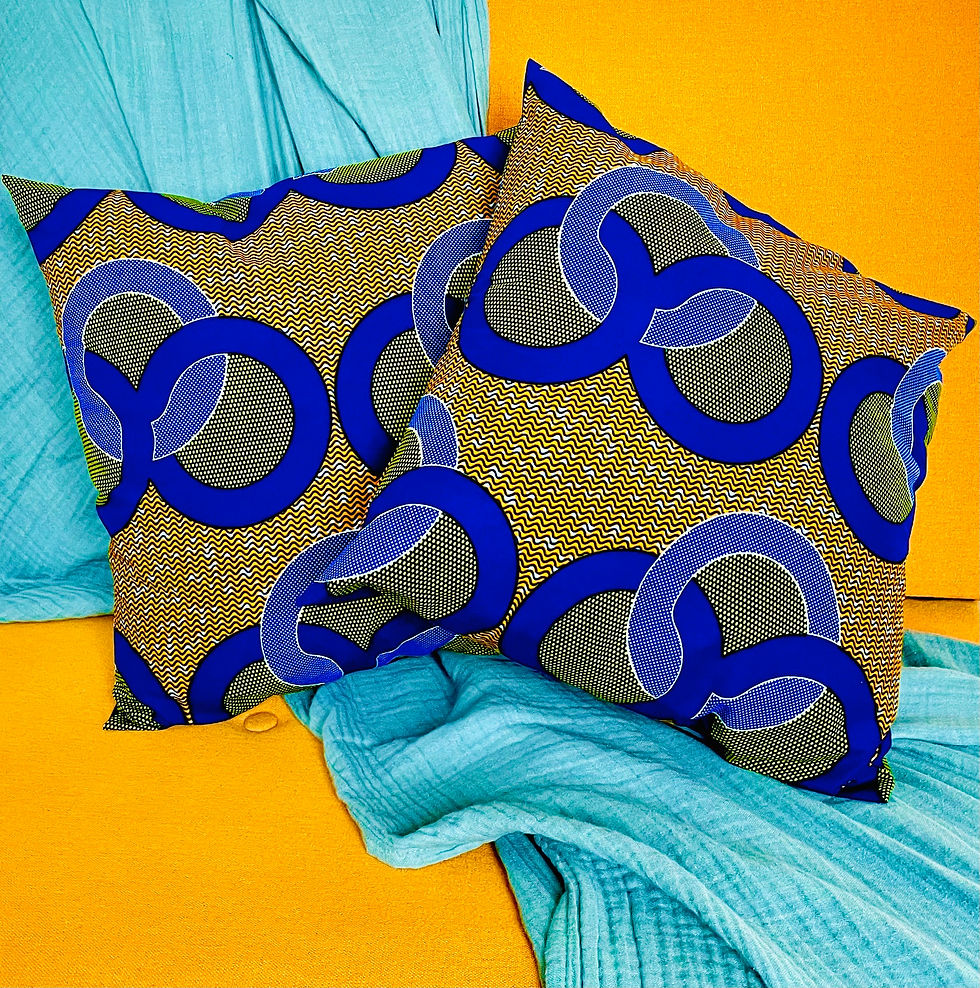 Blue and yellow African wax print cushion cover front view.