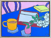 White roses in a pink vase on a blue table, next to a cup of tea and two books 