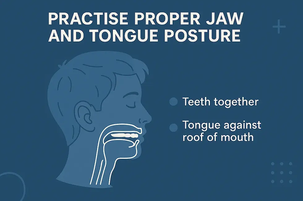 a side profile of a person showing proper jaw and tongue posture, with text indicating: teeth together and tongue against the roof of the mouth.
