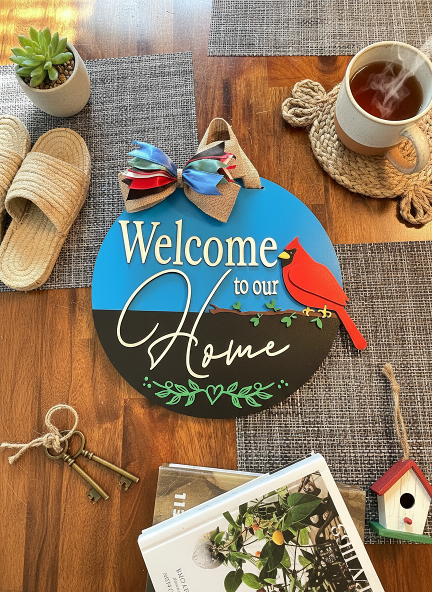 Thumbnail: Round Welcome Home Door Sign, Cardinal Porch Decor, Layered Farmhouse Entryway