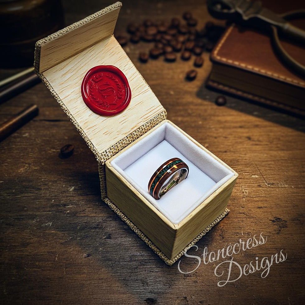 Thumbnail: Handcrafted Walnut Ring – Lab Grown Emerald Opal Inlay – Anniversary Ring