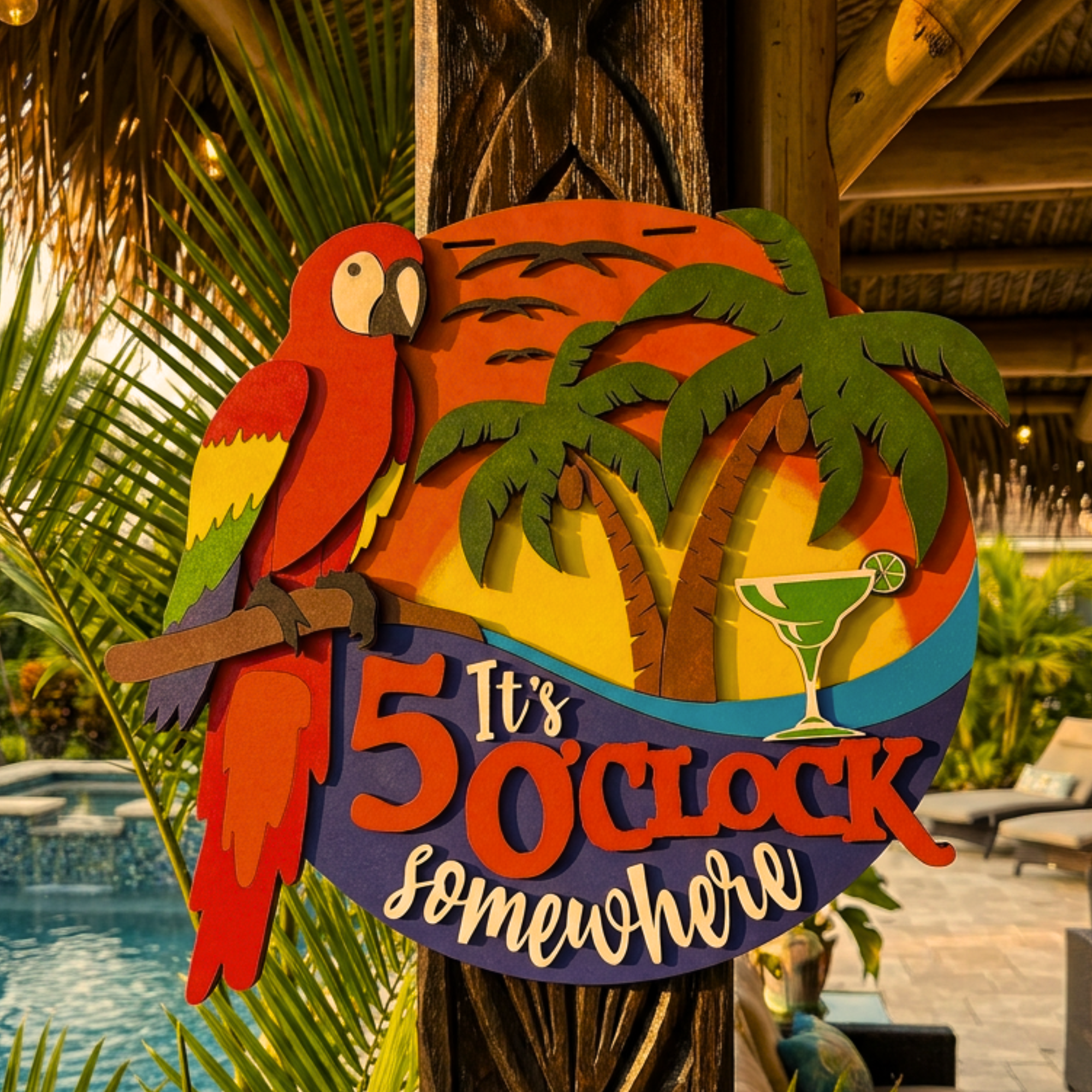 It's 5 O'Clock Somewhere Tropical Door Sign, Tiki Bar Parrot Decor