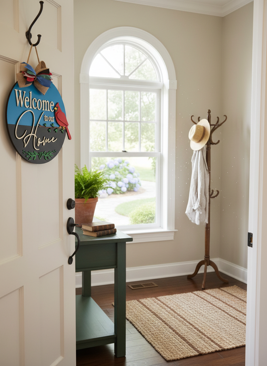 Thumbnail: Round Welcome Home Door Sign, Cardinal Porch Decor, Layered Farmhouse Entryway
