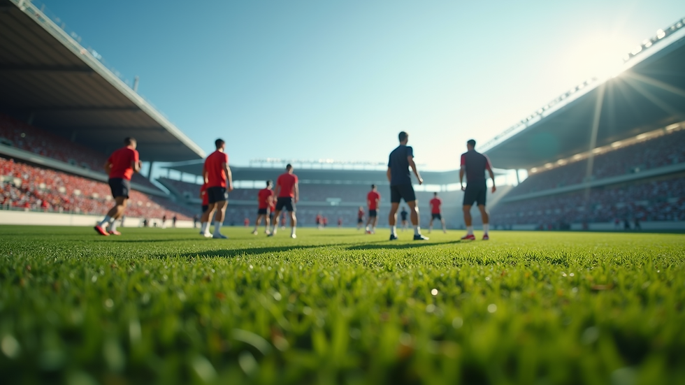 Eye-level view of a football field with players warming up