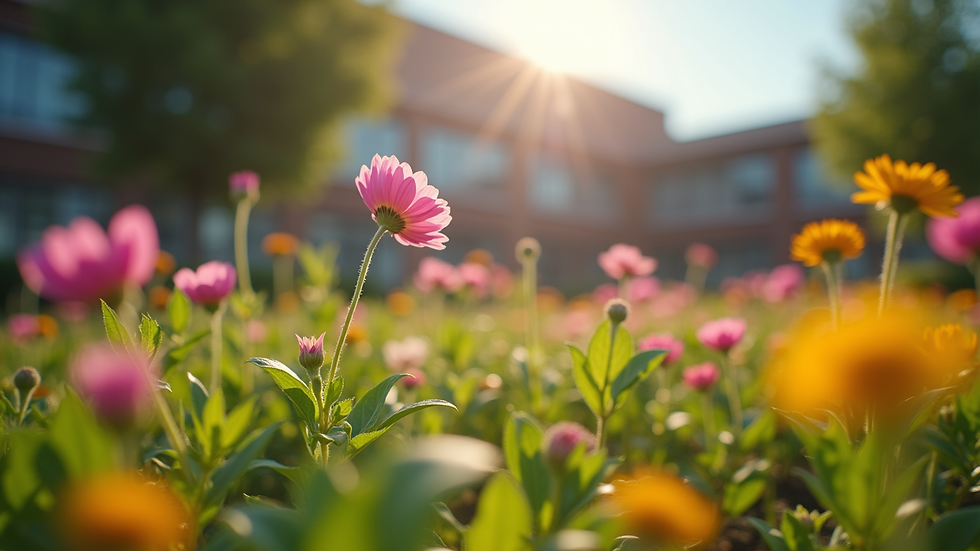 Eye-level view of a vibrant school garden with blooming flowers