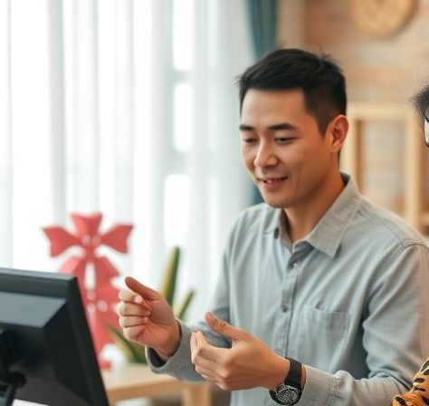 Two people working together at a desk, discussing affiliate marketing while looking at a computer screen in a cozy office setting.