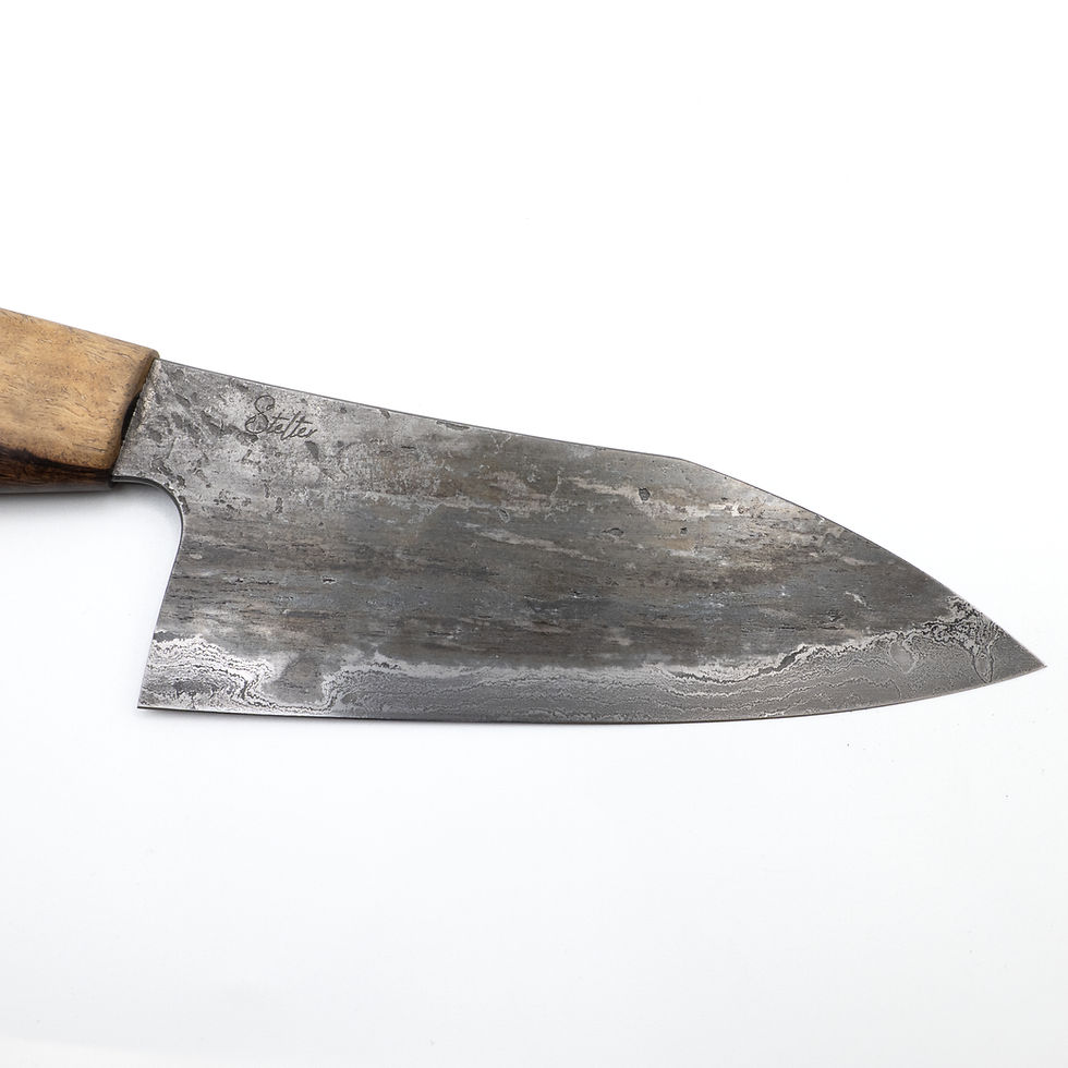 Thumbnail: Santoku - Red Bush Willow Multi Pattern, Montana Wrought Iron Damascus San Mai