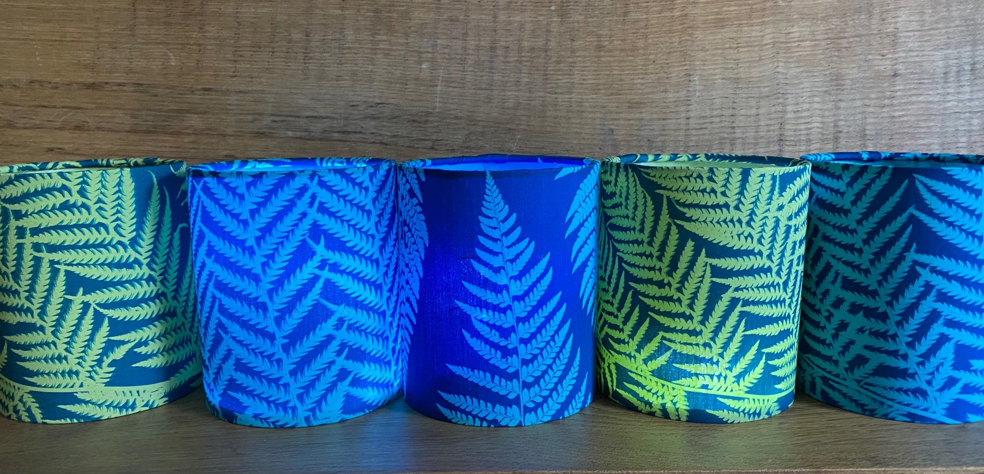 Cyanotype Fern Tealight Lanterns printed on lime and teal cotton