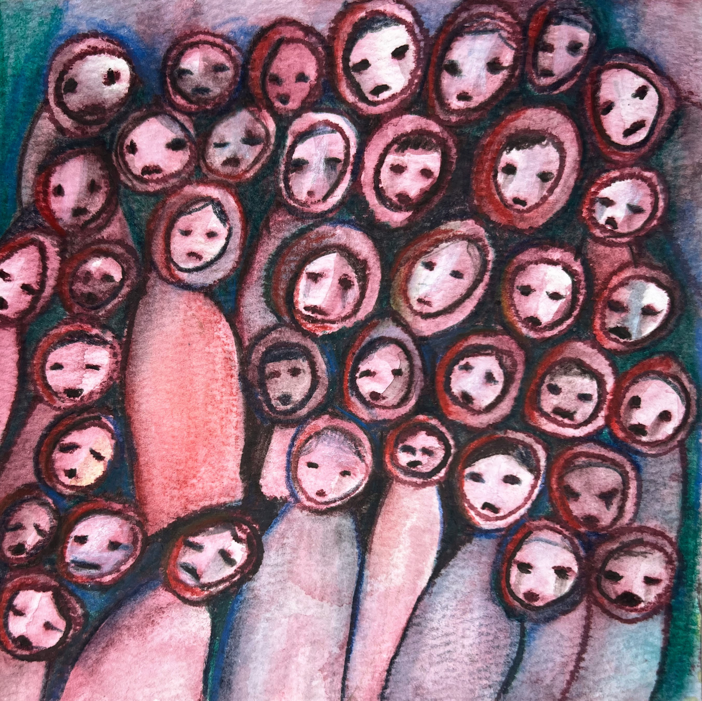 Abstract art of many faces in a vibrant, colorful painting. the heart can try