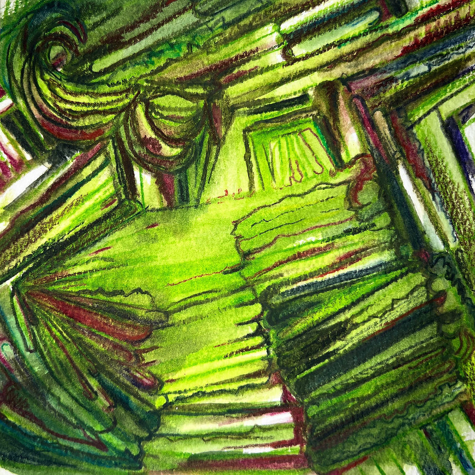 bright green with small bursts of rhubarb red