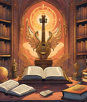 A golden lute with wings, sitting in front of a music book.