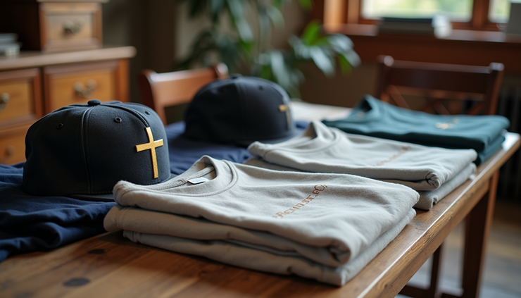 High angle view of church merchandise including shirts and hats laid out on a table