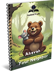 Ahavah Your Neighbor, a brown bear sitting on grass with a grey mouse on his left shoulder in a forest.