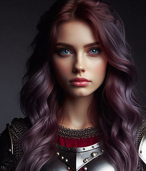 A pretty young white girl with purple hair and blue eyes wearing crusader armor.