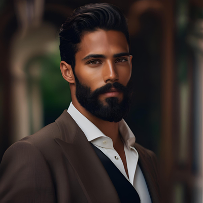 A Italian Le Jeu man with a beard wearing a brown formal suit from Snapshot.