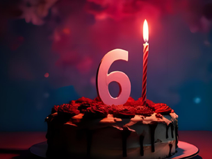 A birthday cake with the number six on it.