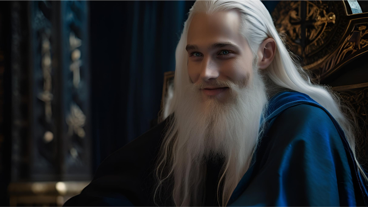 Yahweh-Jehovah in blue celestial robes in Heaven, smiling right at you.