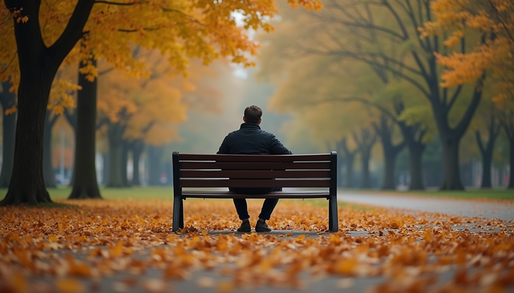 Eye-level view of a person sitting alone on a park bench during autumn