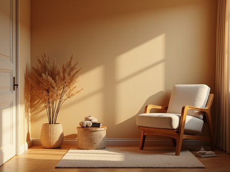 A peaceful therapy room with a chair and soft lighting