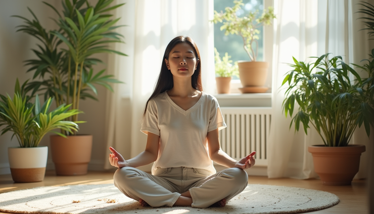 Eye-level view of a young Asian American woman sitting peacefully in a sunlit room with plants around her