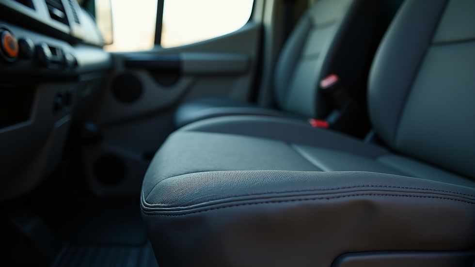 Close-up view of a transit van captain seat with armrest and stitching details