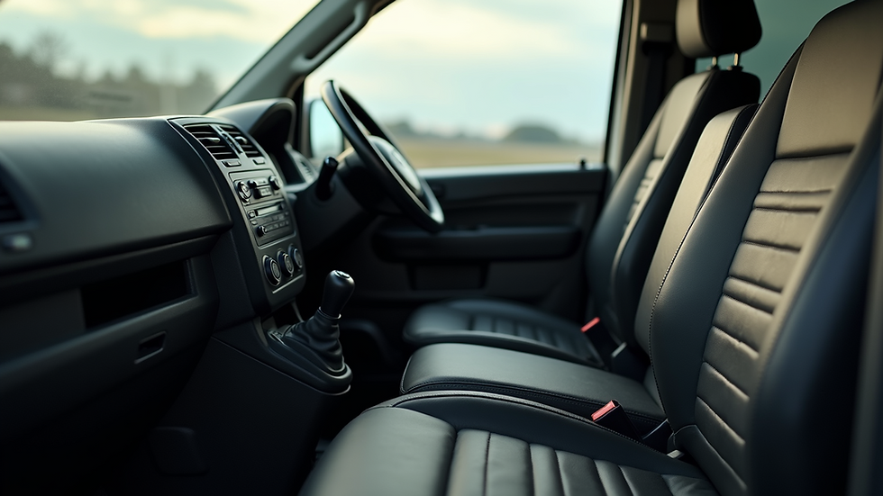Eye-level view of a VW Transporter driver seat with leather upholstery