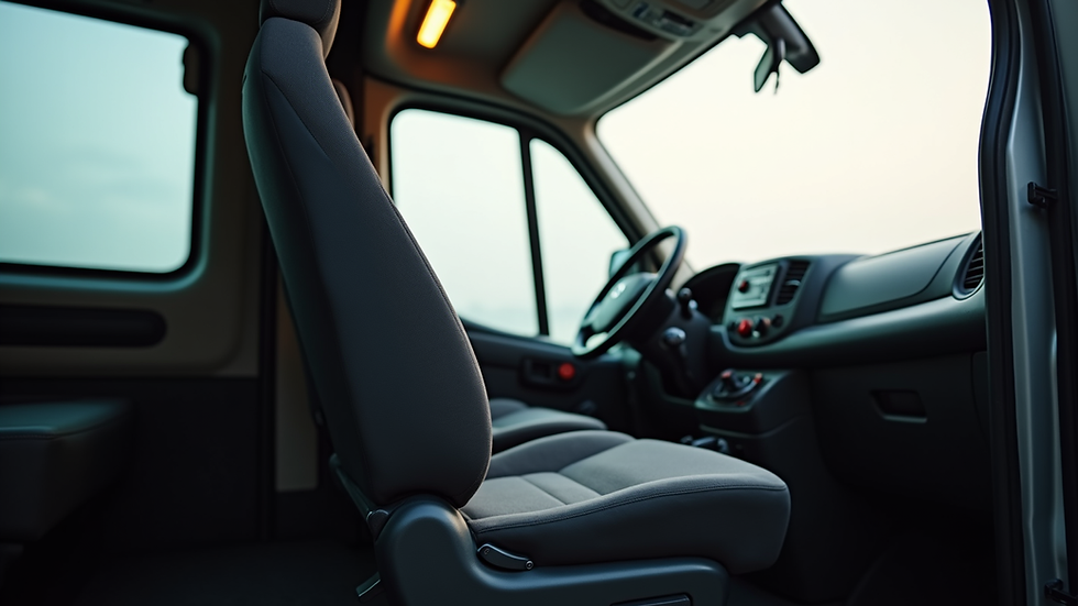 Eye-level view of Peugeot Boxer front passenger seat ready for swivel installation