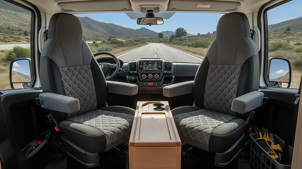 Eye-level view of a campervan interior showing upgraded seats with slip-on armrests