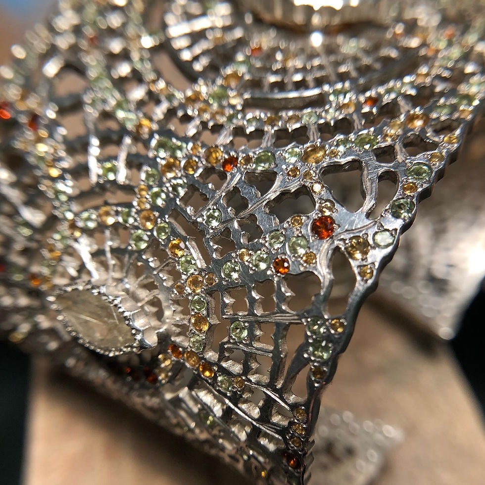 Thumbnail: silver cuff bangle macro hand engraved peridot citrine moonstone tom asquith jewellery front marquise quartz rutilated