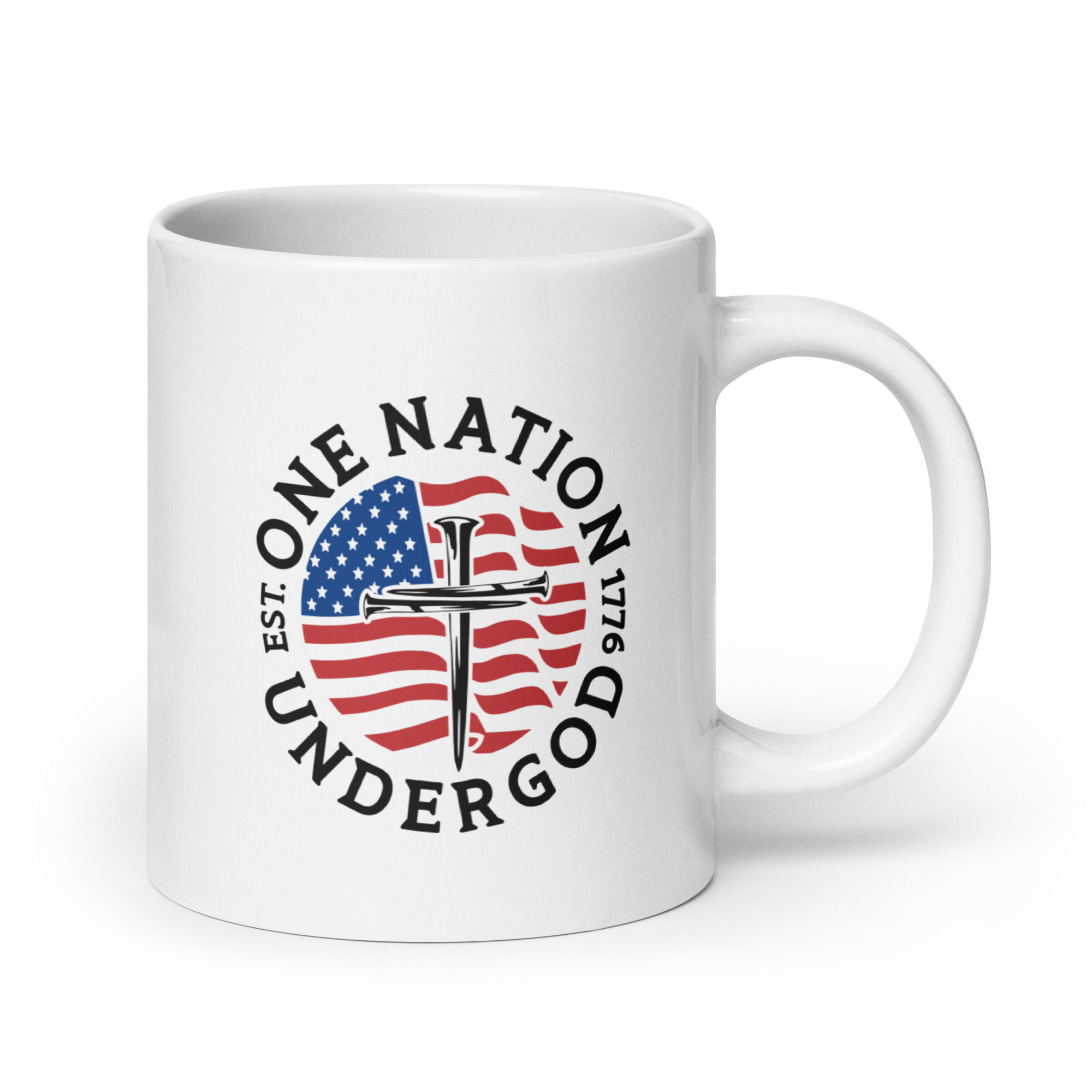 One Nation Under God American Flag and Three Nails Cross White Coffee Mug