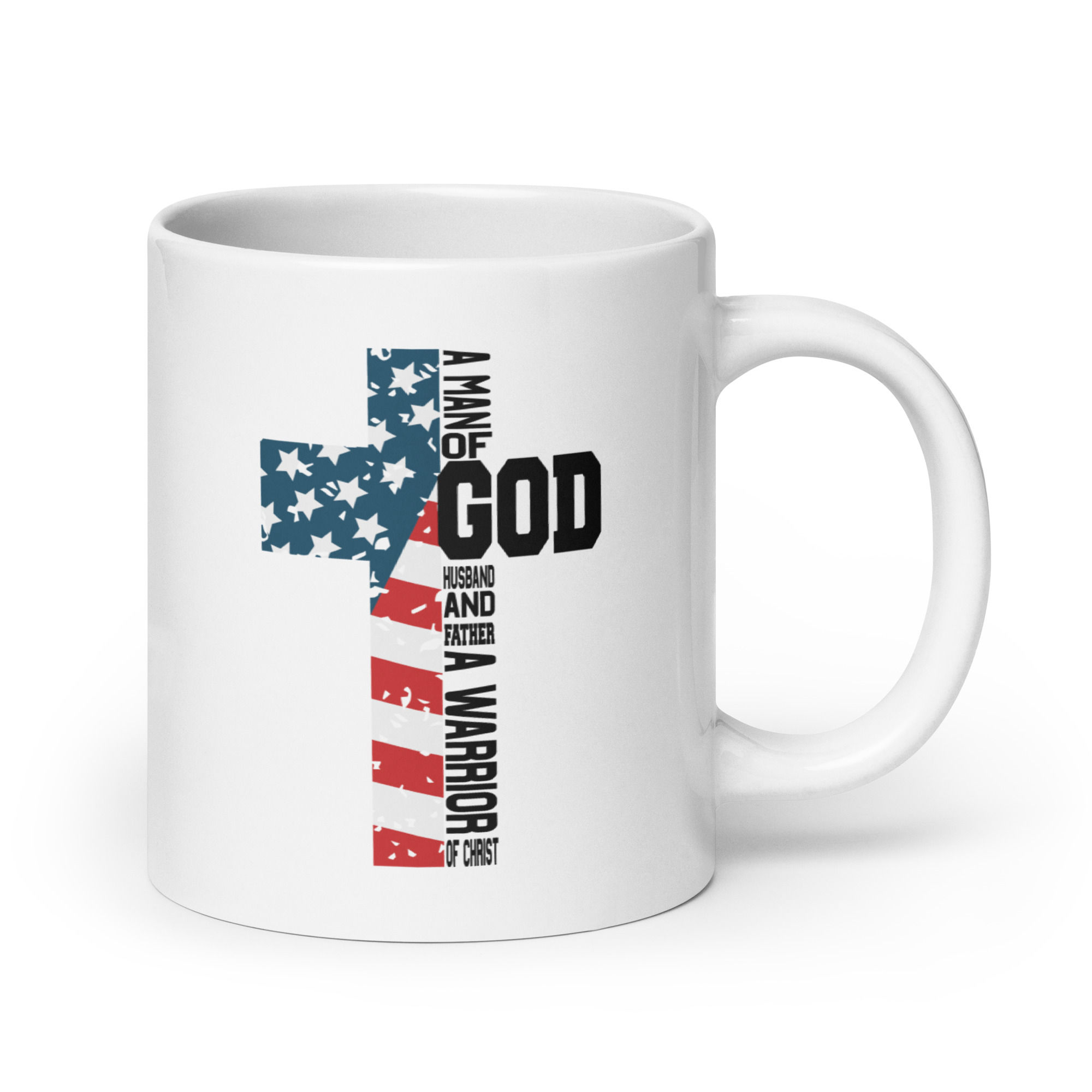 A Man of God American Flag Cross White Coffee Mug